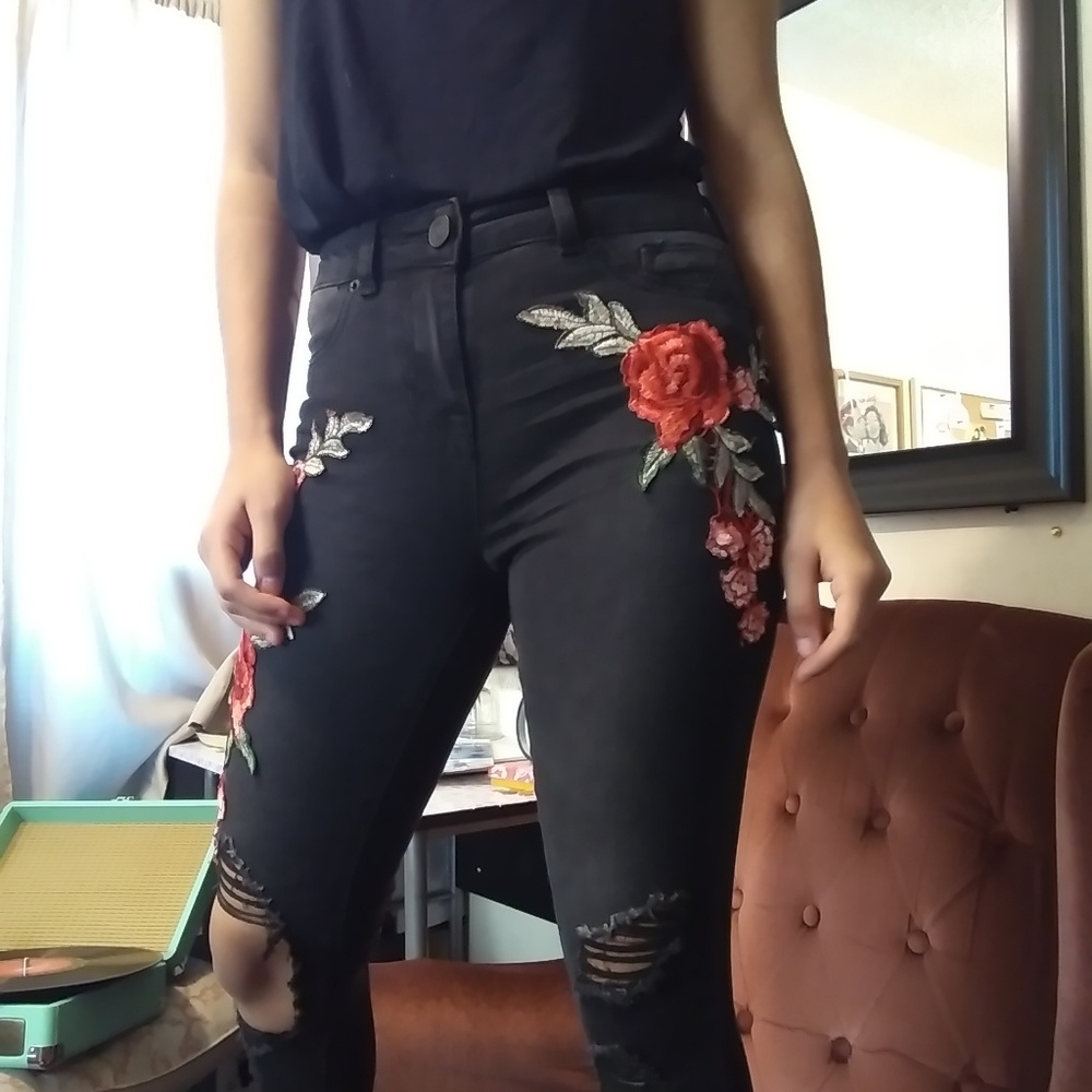 Black, ripped, flower high waist jeans